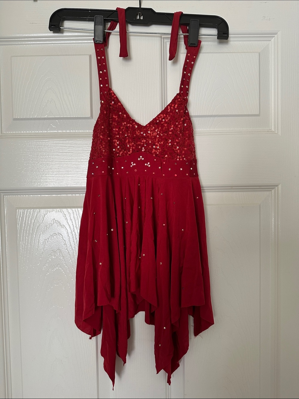 Competition Dance Red Sequin Handkerchief Hem Halter Top Youth Large (YL)